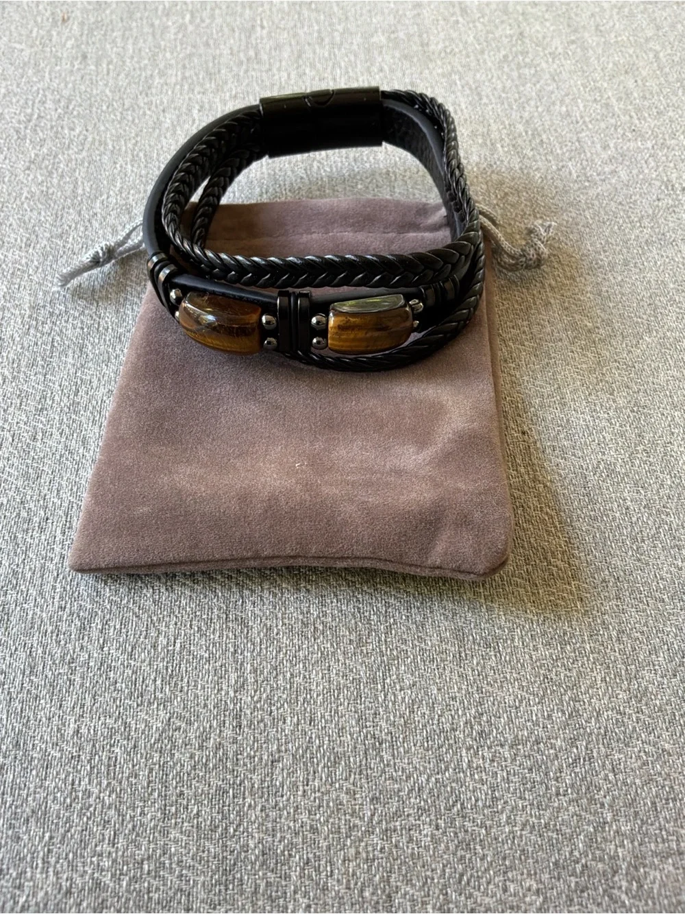 Men's Black Leather Bracelet with Brown Stone charm and Magnetic Clasp